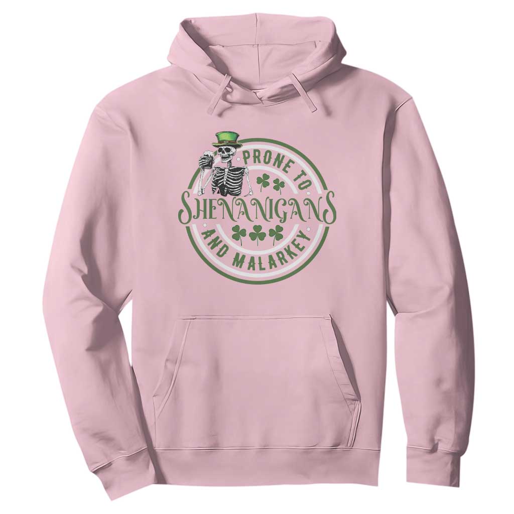 Funny Irish Prone To Shenanigans And Malarkey St Patrick's Day Hoodie Skeleton Beer Drinking TS11 Light Pink Print Your Wear