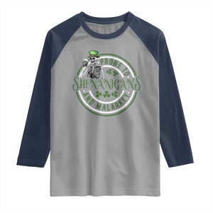 Funny Irish Prone To Shenanigans And Malarkey St Patrick's Day Raglan Shirt Skeleton Beer Drinking TS11 Sport Gray Navy Print Your Wear