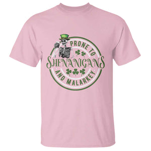 Funny Irish Prone To Shenanigans And Malarkey St Patrick's Day T Shirt Skeleton Beer Drinking TS11 Light Pink Print Your Wear