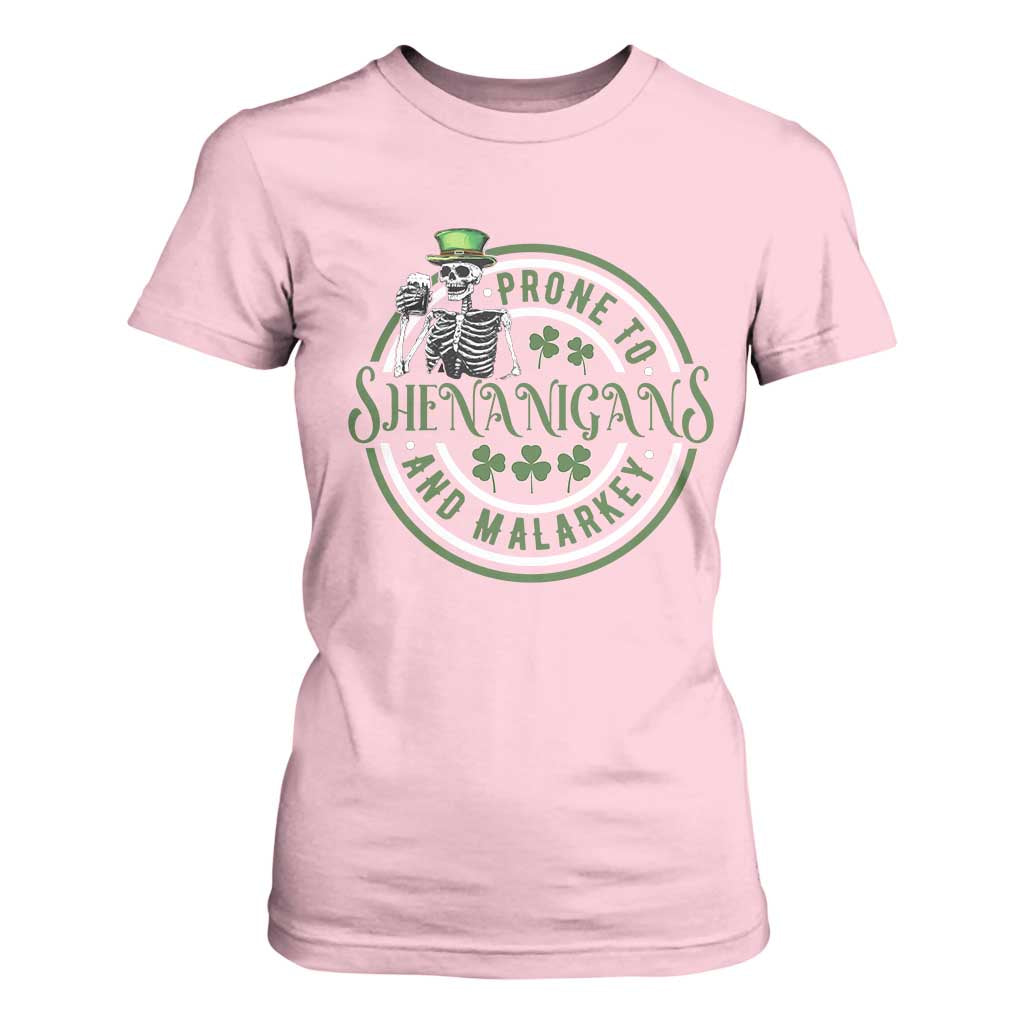 Funny Irish Prone To Shenanigans And Malarkey St Patrick's Day T Shirt For Women Skeleton Beer Drinking TS11 Light Pink Print Your Wear