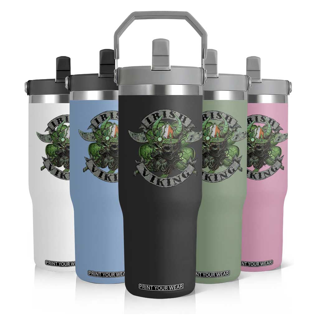 Funny Irish Viking Flip Straw Tumbler Vintage Shamrock Celtic Viking Skull TS11 Print Your Wear