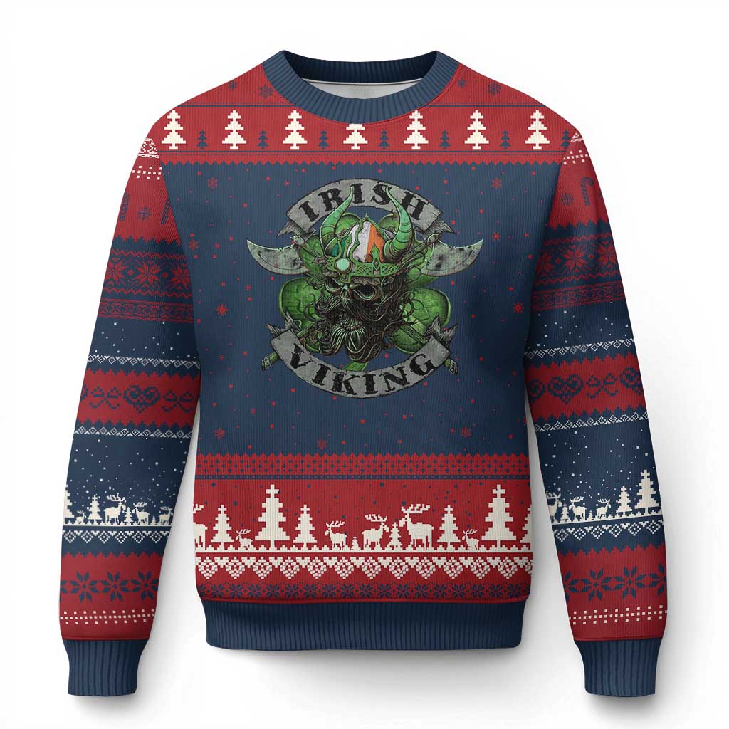 Funny Irish Viking Ugly Christmas Sweater Vintage Shamrock Celtic Viking Skull TS11 Navy Red Print Your Wear