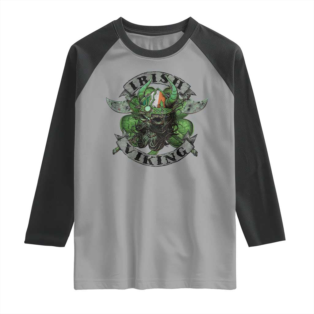 Funny Irish Viking Raglan Shirt Vintage Shamrock Celtic Viking Skull TS11 Sport Gray Black Print Your Wear