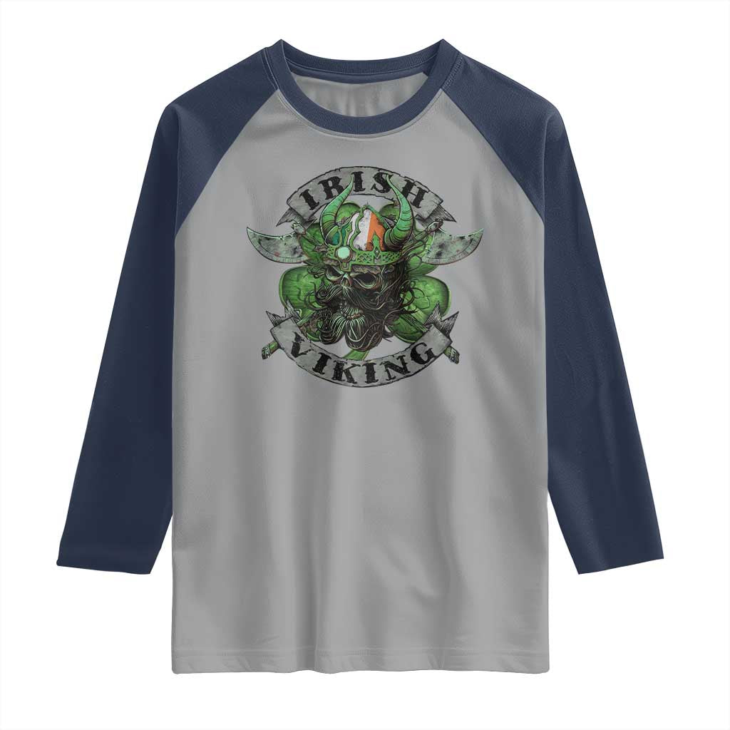 Funny Irish Viking Raglan Shirt Vintage Shamrock Celtic Viking Skull TS11 Sport Gray Navy Print Your Wear