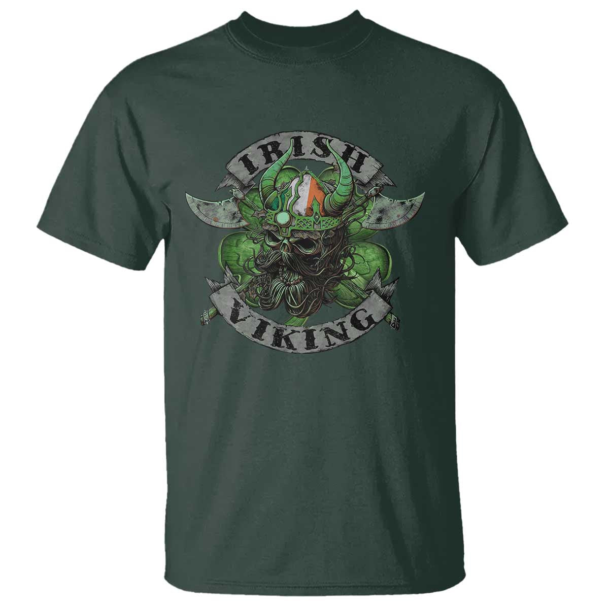 Funny Irish Viking T Shirt Vintage Shamrock Celtic Viking Skull TS11 Dark Forest Green Print Your Wear