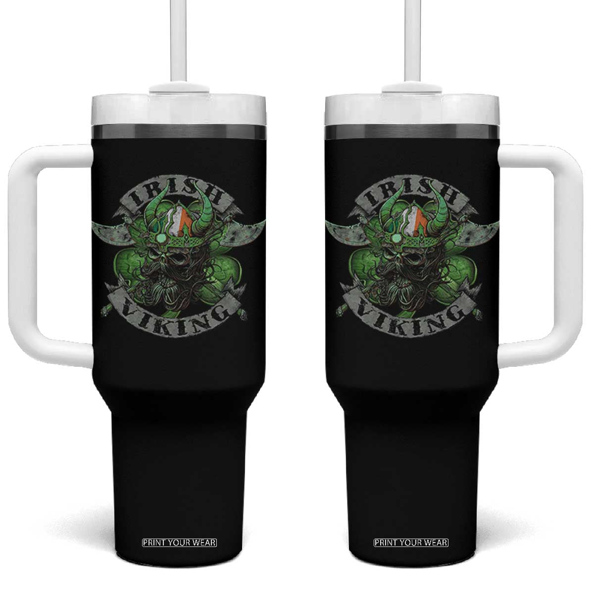 Funny Irish Viking Tumbler With Handle Vintage Shamrock Celtic Viking Skull TS11 One Size: 40 oz Black Print Your Wear