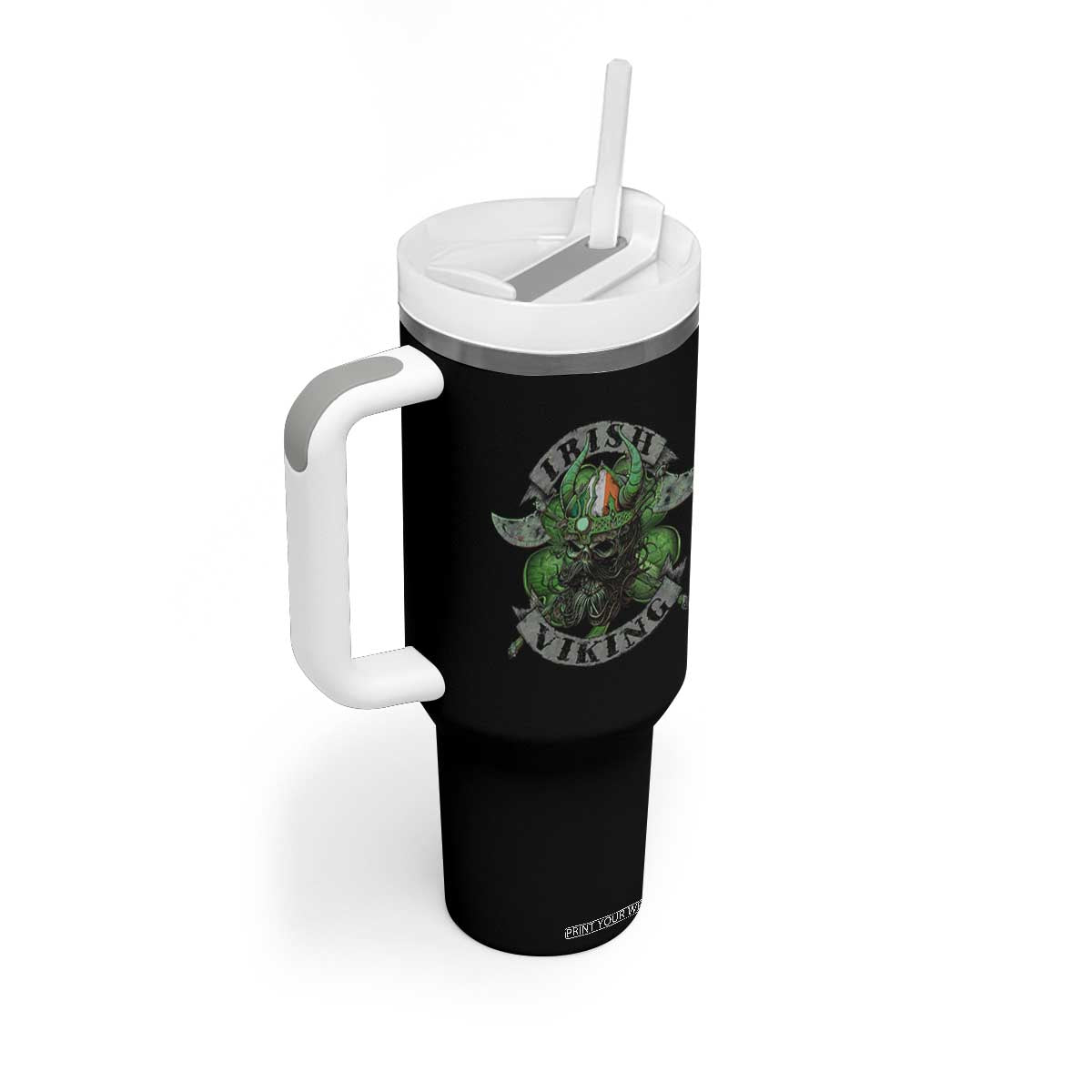 Funny Irish Viking Tumbler With Handle Vintage Shamrock Celtic Viking Skull TS11 Print Your Wear