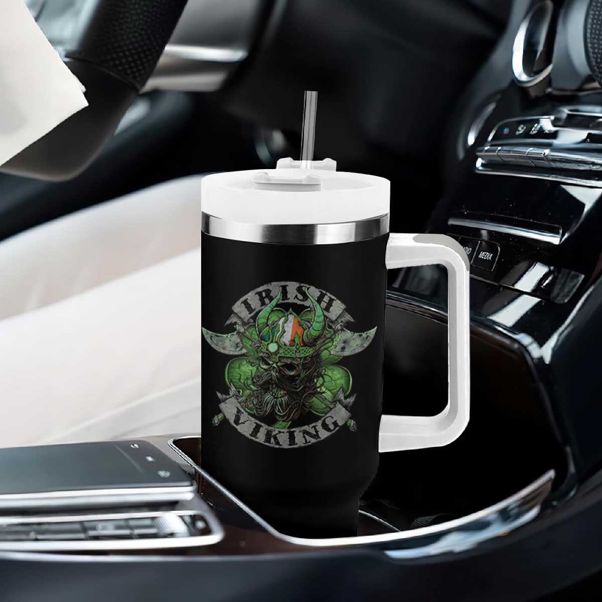 Funny Irish Viking Tumbler With Handle Vintage Shamrock Celtic Viking Skull TS11 Print Your Wear