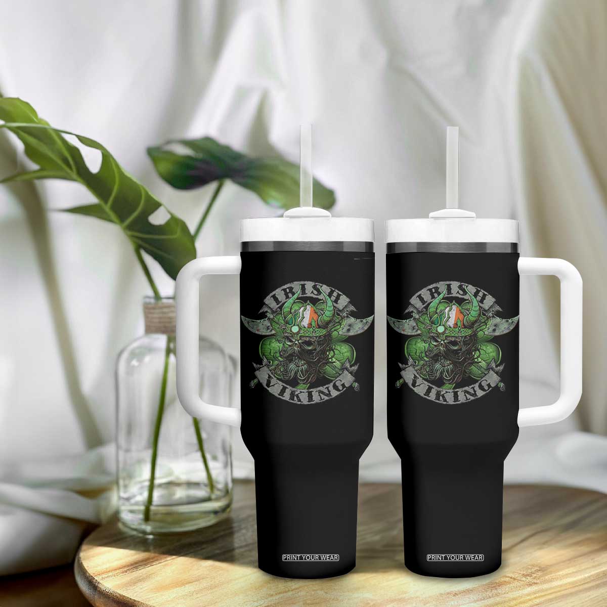 Funny Irish Viking Tumbler With Handle Vintage Shamrock Celtic Viking Skull TS11 Print Your Wear