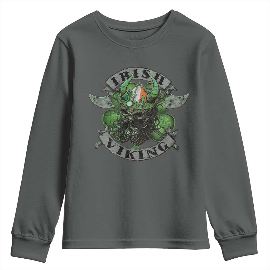 Funny Irish Viking Youth Sweatshirt Vintage Shamrock Celtic Viking Skull TS11 Dark Heather Print Your Wear