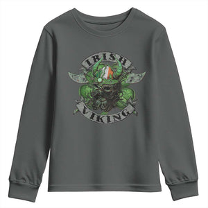 Funny Irish Viking Youth Sweatshirt Vintage Shamrock Celtic Viking Skull TS11 Dark Heather Print Your Wear