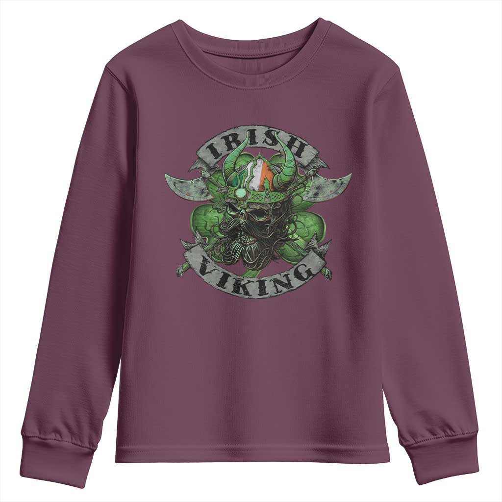 Funny Irish Viking Youth Sweatshirt Vintage Shamrock Celtic Viking Skull TS11 Maroon Print Your Wear