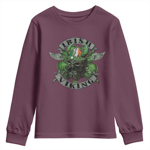 Funny Irish Viking Youth Sweatshirt Vintage Shamrock Celtic Viking Skull TS11 Maroon Print Your Wear