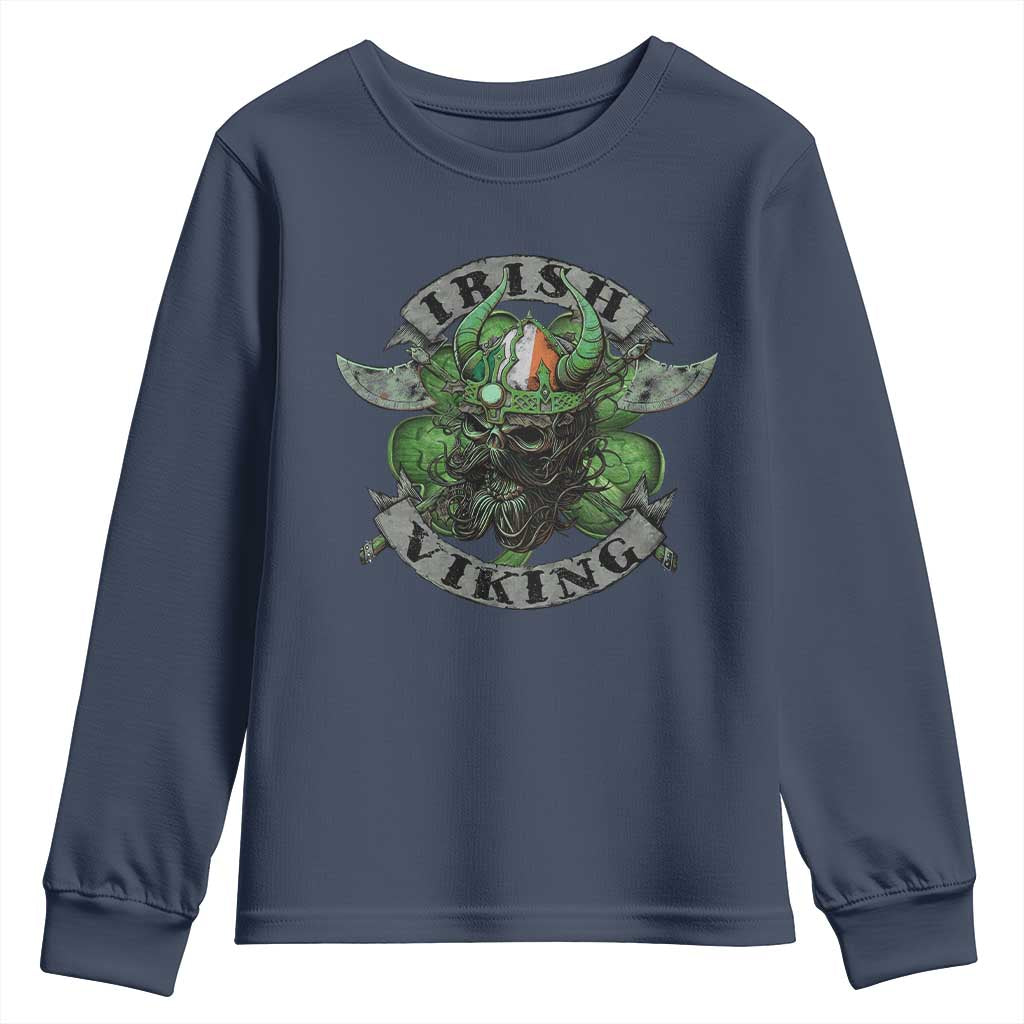 Funny Irish Viking Youth Sweatshirt Vintage Shamrock Celtic Viking Skull TS11 Navy Print Your Wear