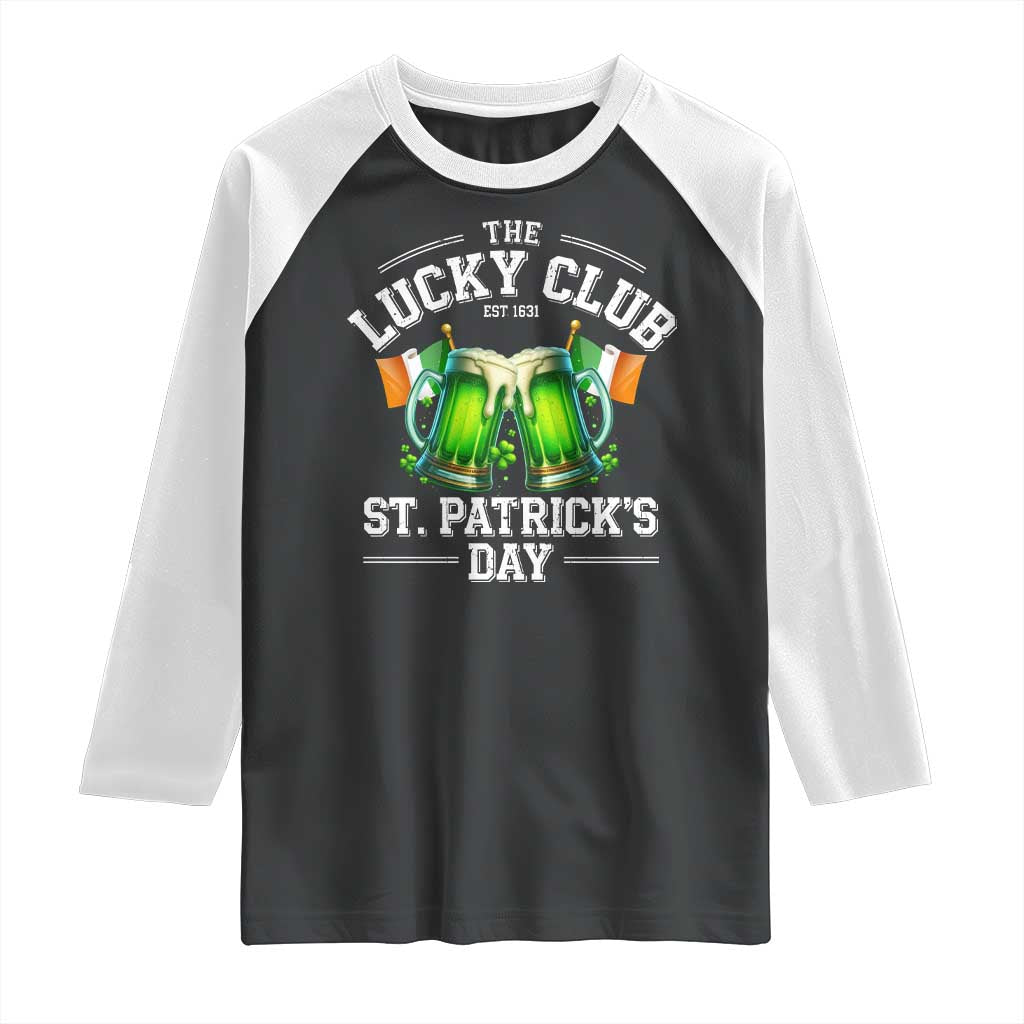 Funny St Patrick's Day Irish Beer Drinking Raglan Shirt The Lucky Beer Club Ireland Flag TS11 Black White Print Your Wear