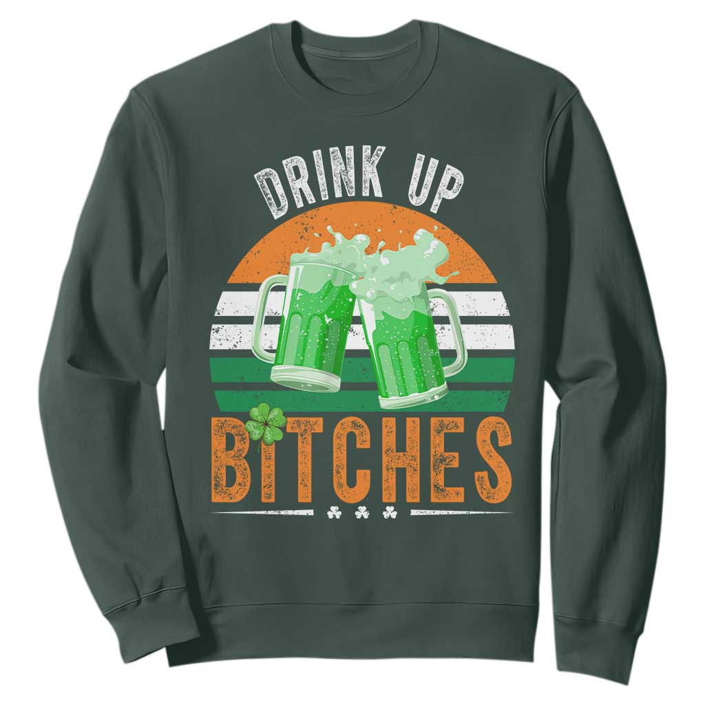 Funny St Patrick's Day Irish Beer Drinking Sweatshirt Drink Up Bitches Beer Mug TS11 Dark Forest Green Print Your Wear