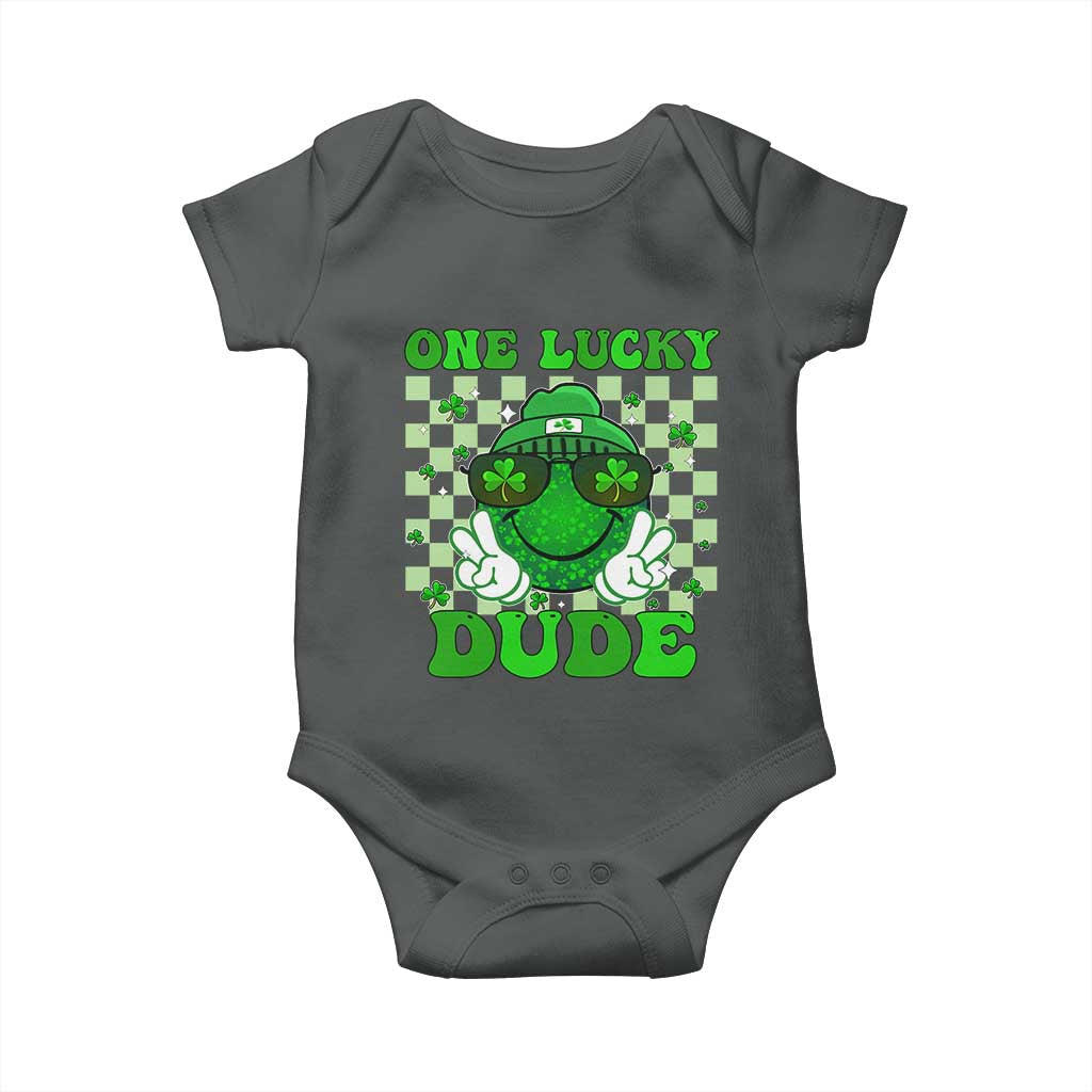 Funny One Lucky Dude St Patrick's Day Baby Onesie Checkerboard Shamrock TS11 Dark Heather Print Your Wear