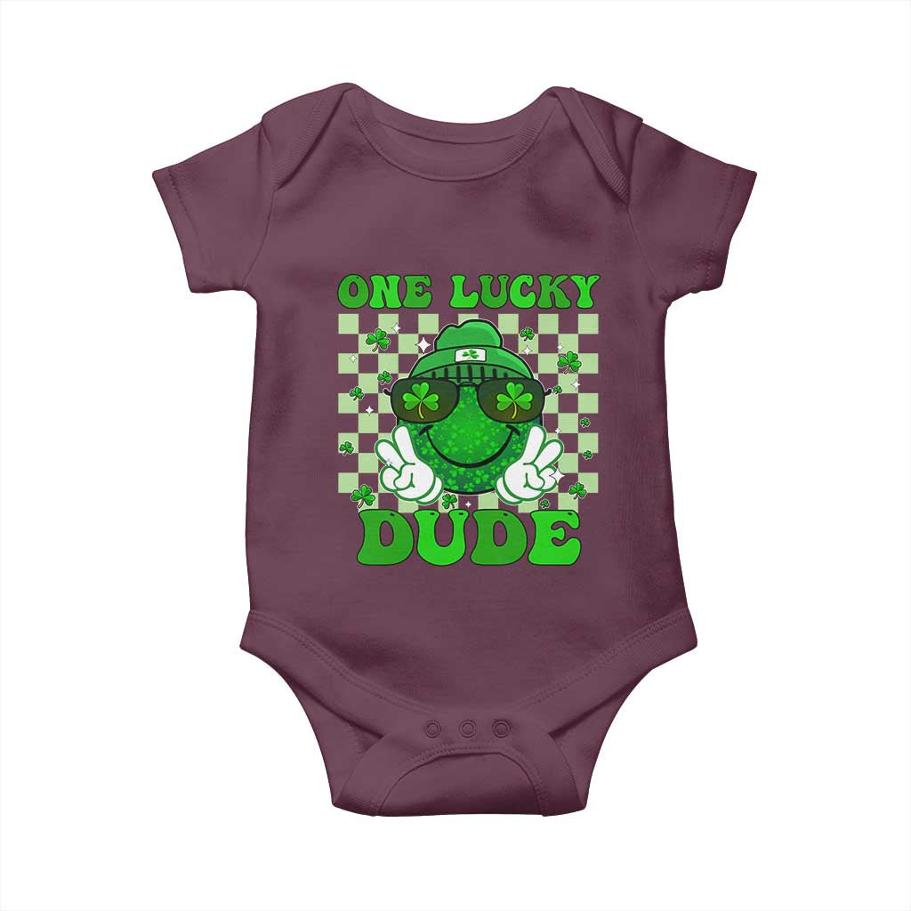 Funny One Lucky Dude St Patrick's Day Baby Onesie Checkerboard Shamrock TS11 Maroon Print Your Wear