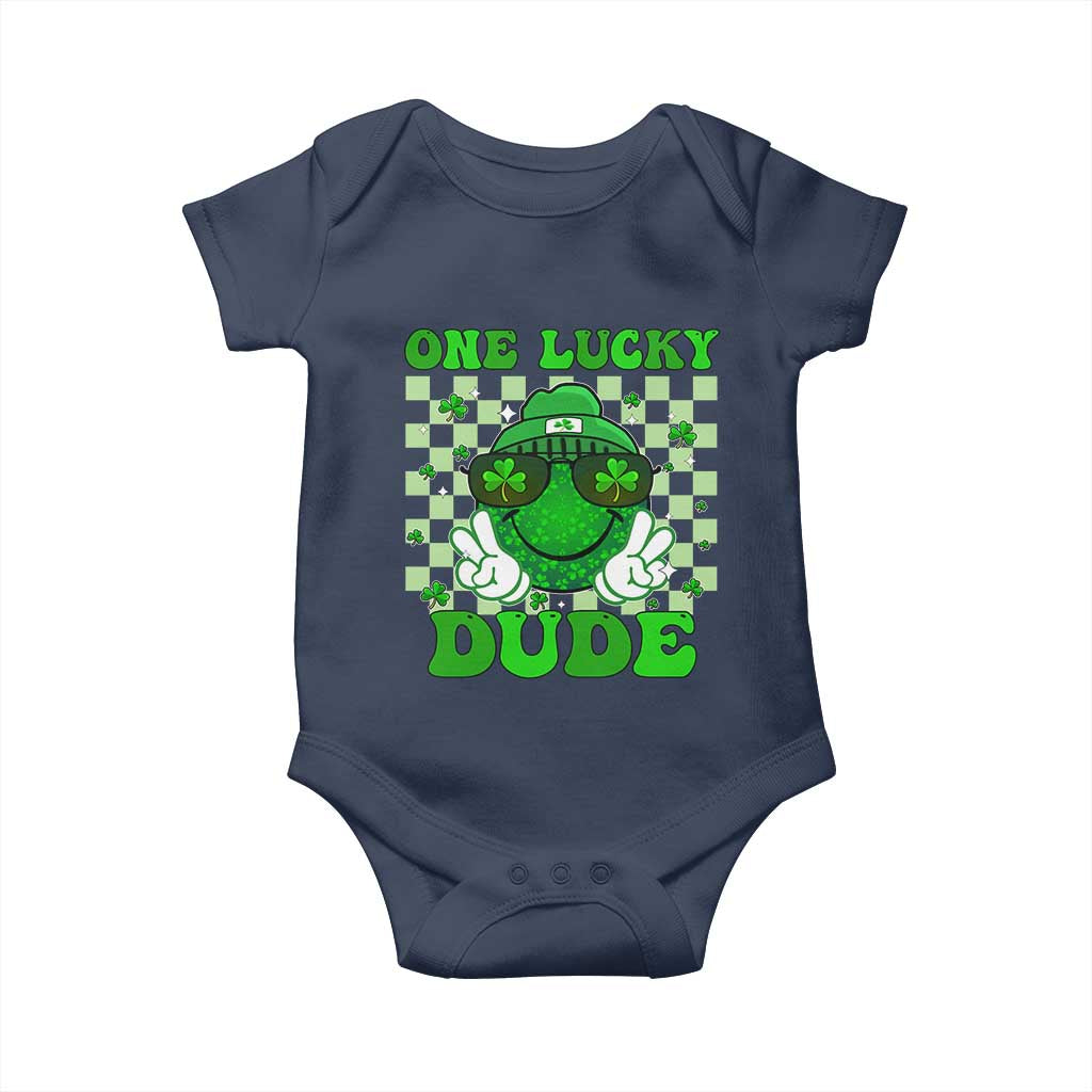 Funny One Lucky Dude St Patrick's Day Baby Onesie Checkerboard Shamrock TS11 Navy Print Your Wear