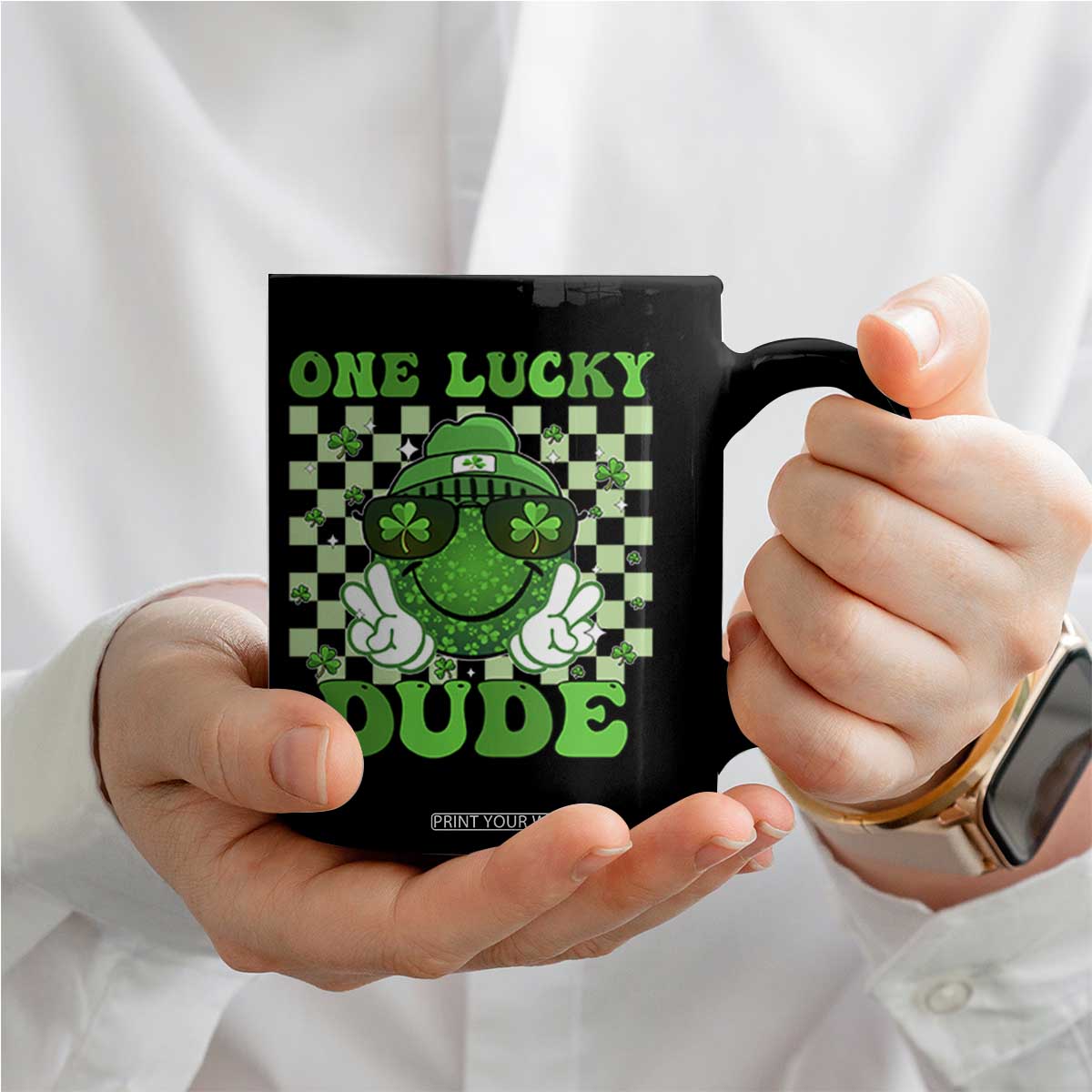 Funny One Lucky Dude St Patrick's Day Coffee Mug Checkerboard Shamrock TS11 Print Your Wear