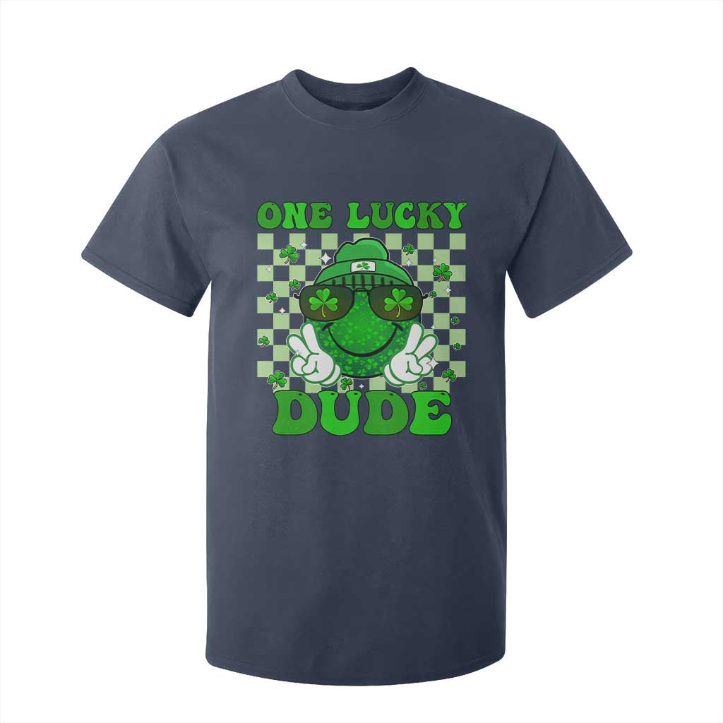 Funny One Lucky Dude St Patrick's Day T Shirt For Kid Checkerboard Shamrock TS11 Navy Print Your Wear