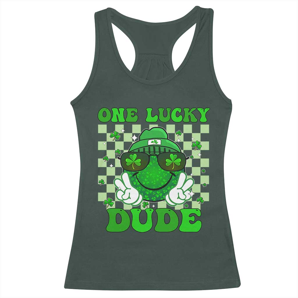 Funny One Lucky Dude St Patrick's Day Racerback Tank Top Checkerboard Shamrock TS11 Dark Forest Green Print Your Wear