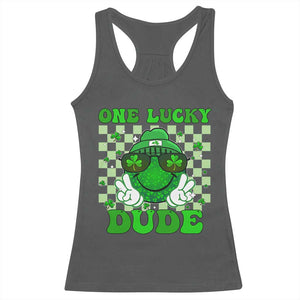 Funny One Lucky Dude St Patrick's Day Racerback Tank Top Checkerboard Shamrock TS11 Dark Heather Print Your Wear