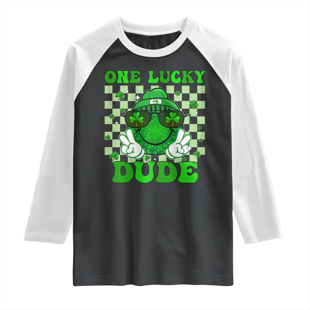 Funny One Lucky Dude St Patrick's Day Raglan Shirt Checkerboard Shamrock TS11 Black White Print Your Wear