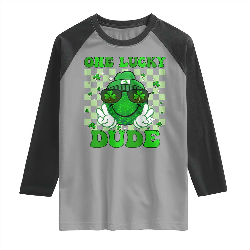 Funny One Lucky Dude St Patrick's Day Raglan Shirt Checkerboard Shamrock TS11 Sport Gray Black Print Your Wear
