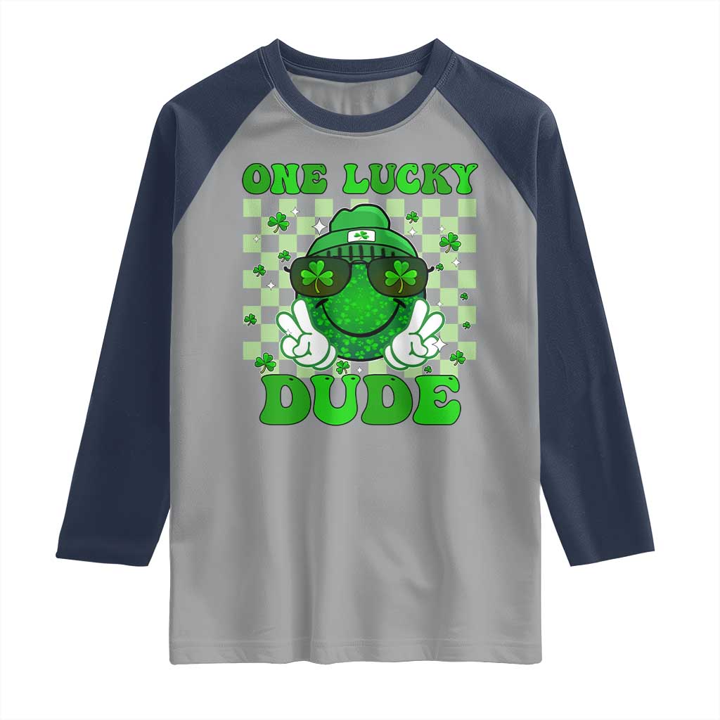 Funny One Lucky Dude St Patrick's Day Raglan Shirt Checkerboard Shamrock TS11 Sport Gray Navy Print Your Wear