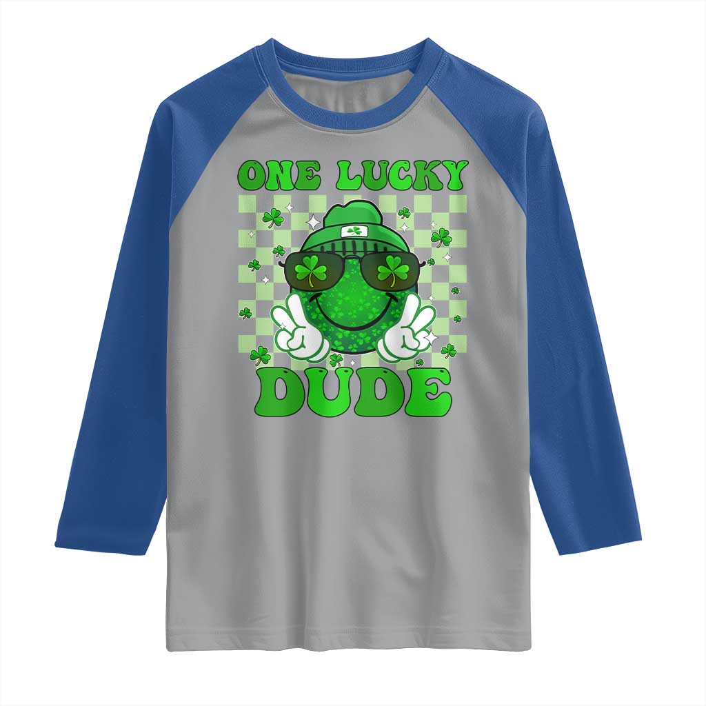 Funny One Lucky Dude St Patrick's Day Raglan Shirt Checkerboard Shamrock TS11 Sport Gray Royal Print Your Wear