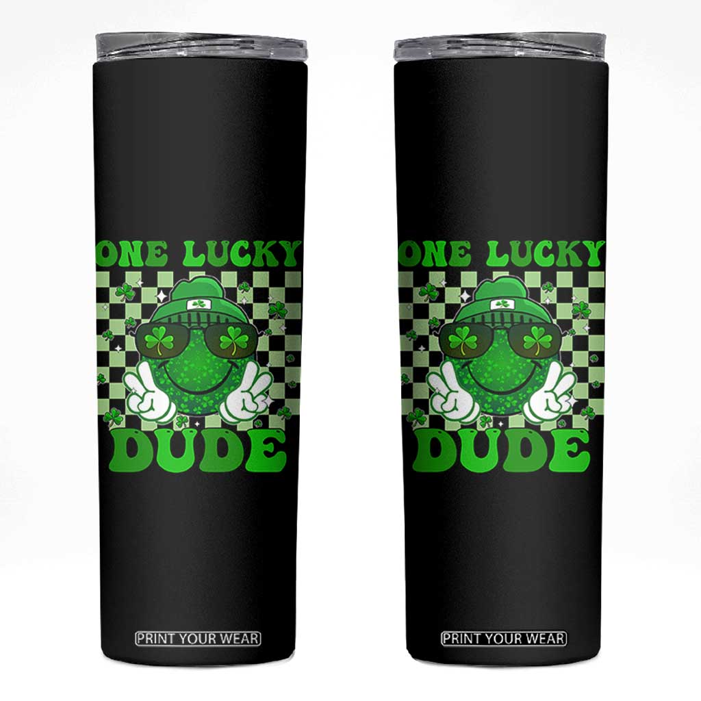 Funny One Lucky Dude St Patrick's Day Skinny Tumbler Checkerboard Shamrock TS11 Black Print Your Wear