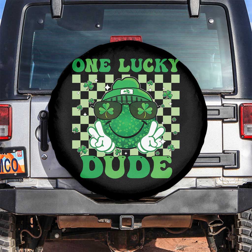 Funny One Lucky Dude St Patrick's Day Spare Tire Cover Checkerboard Shamrock TS11 No hole Black Print Your Wear