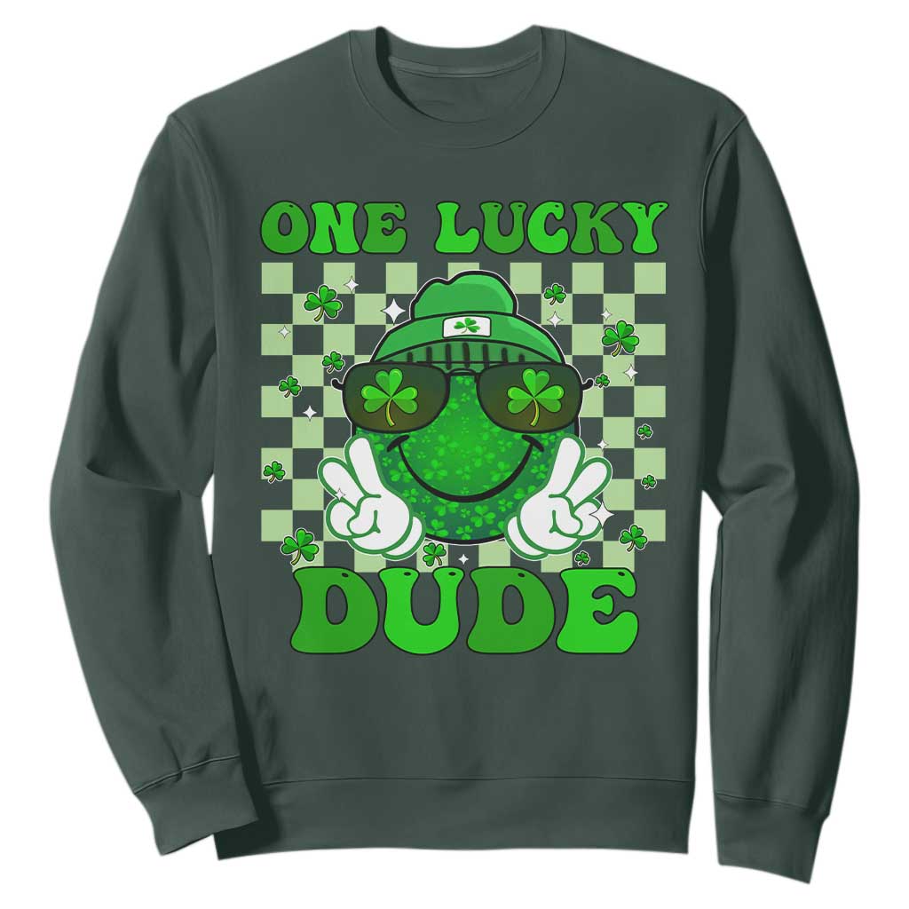Funny One Lucky Dude St Patrick's Day Sweatshirt Checkerboard Shamrock TS11 Dark Forest Green Print Your Wear