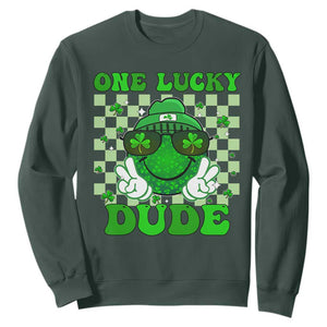 Funny One Lucky Dude St Patrick's Day Sweatshirt Checkerboard Shamrock TS11 Dark Forest Green Print Your Wear
