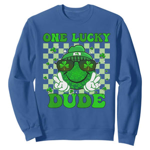 Funny One Lucky Dude St Patrick's Day Sweatshirt Checkerboard Shamrock TS11 Royal Blue Print Your Wear