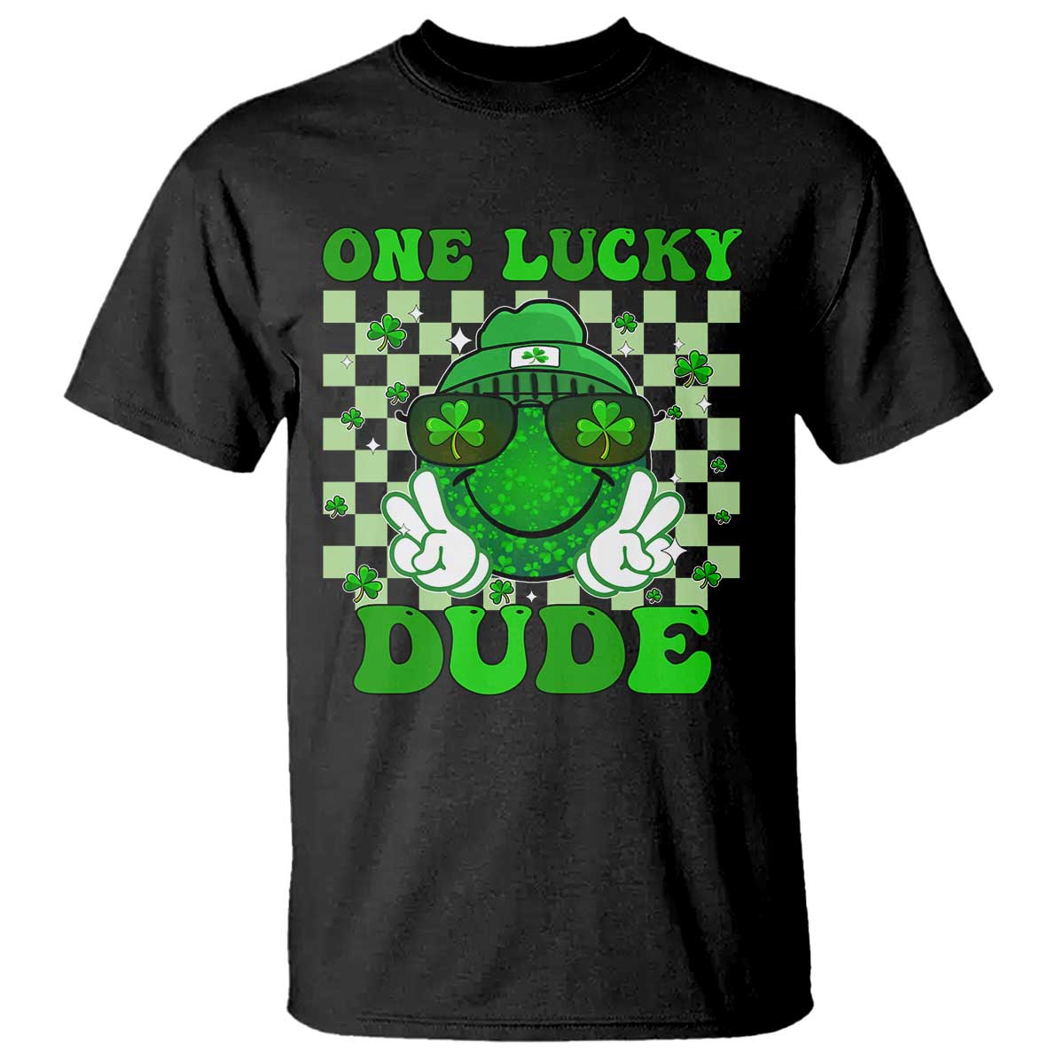 Funny One Lucky Dude St Patrick's Day T Shirt Checkerboard Shamrock TS11 Black Print Your Wear