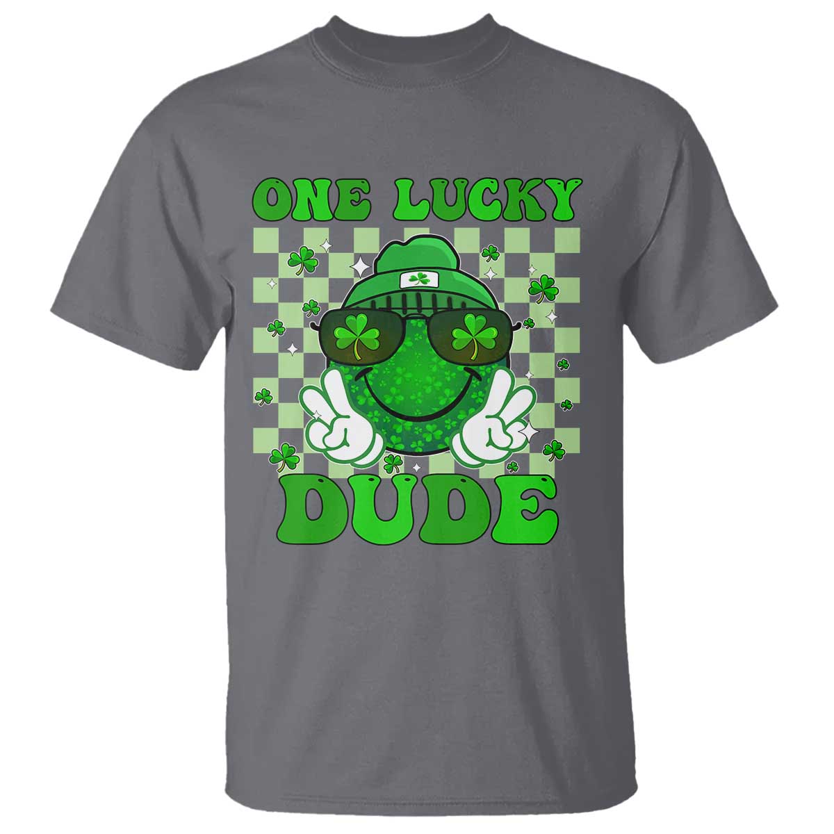 Funny One Lucky Dude St Patrick's Day T Shirt Checkerboard Shamrock TS11 Charcoal Print Your Wear