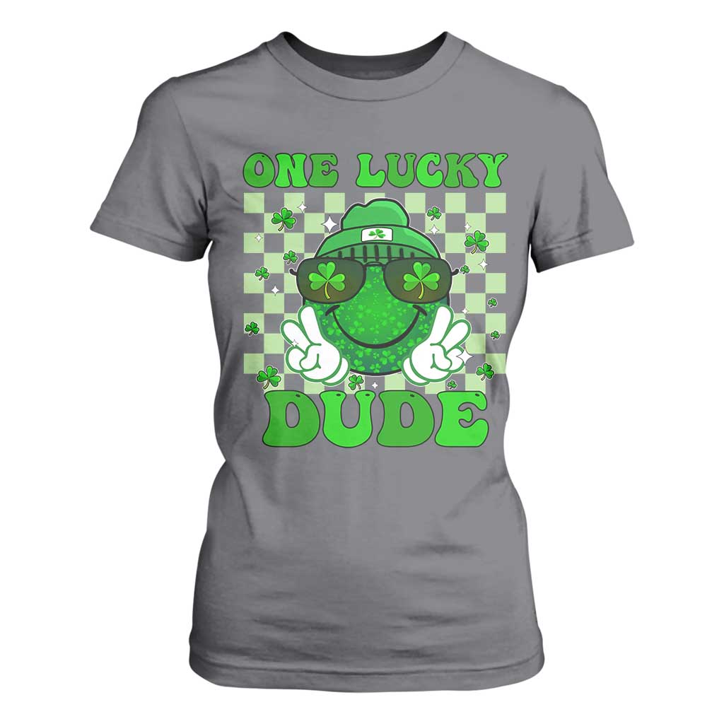 Funny One Lucky Dude St Patrick's Day T Shirt For Women Checkerboard Shamrock TS11 Charcoal Print Your Wear