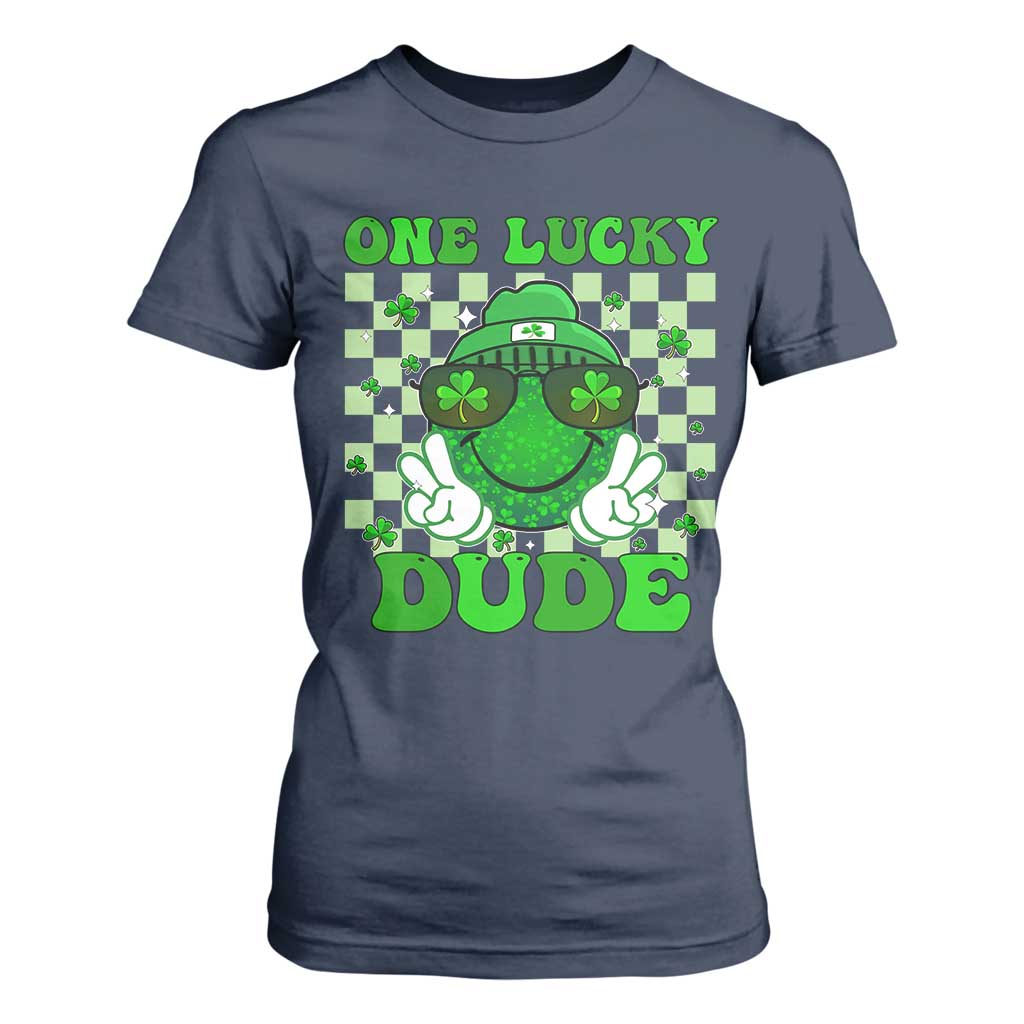 Funny One Lucky Dude St Patrick's Day T Shirt For Women Checkerboard Shamrock TS11 Navy Print Your Wear