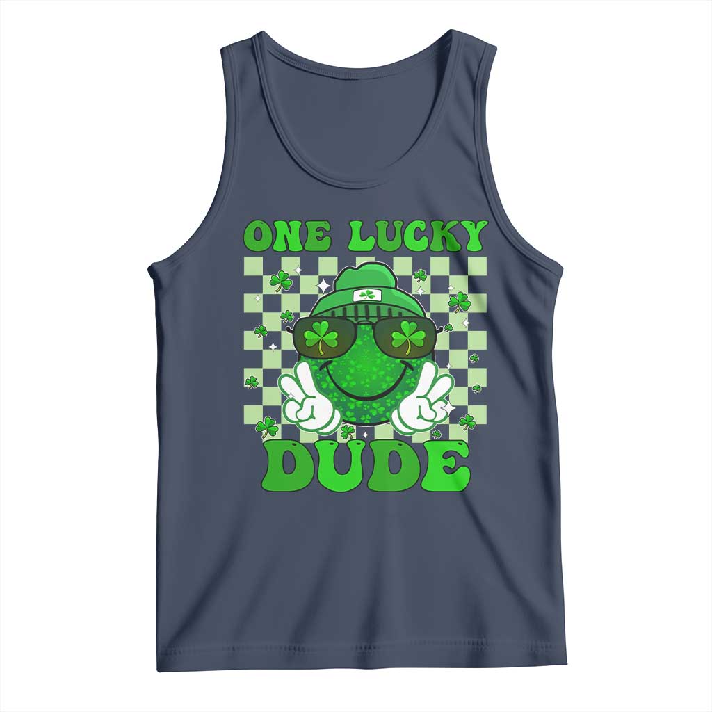 Funny One Lucky Dude St Patrick's Day Tank Top Checkerboard Shamrock TS11 Navy Print Your Wear