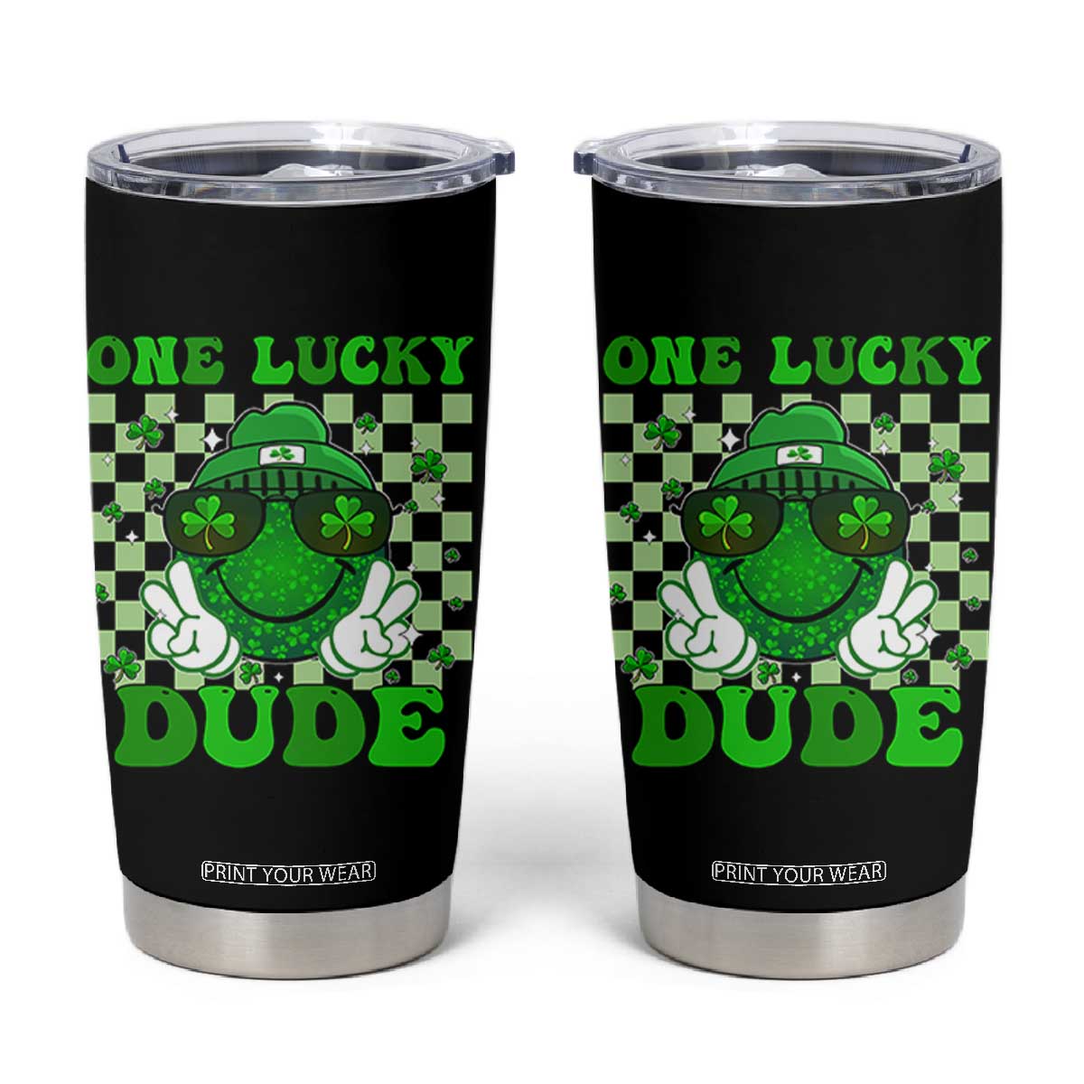 Funny One Lucky Dude St Patrick's Day Tumbler Cup Checkerboard Shamrock TS11 Black Print Your Wear