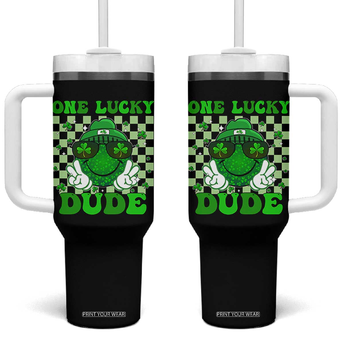 Funny One Lucky Dude St Patrick's Day Tumbler With Handle Checkerboard Shamrock TS11 One Size: 40 oz Black Print Your Wear