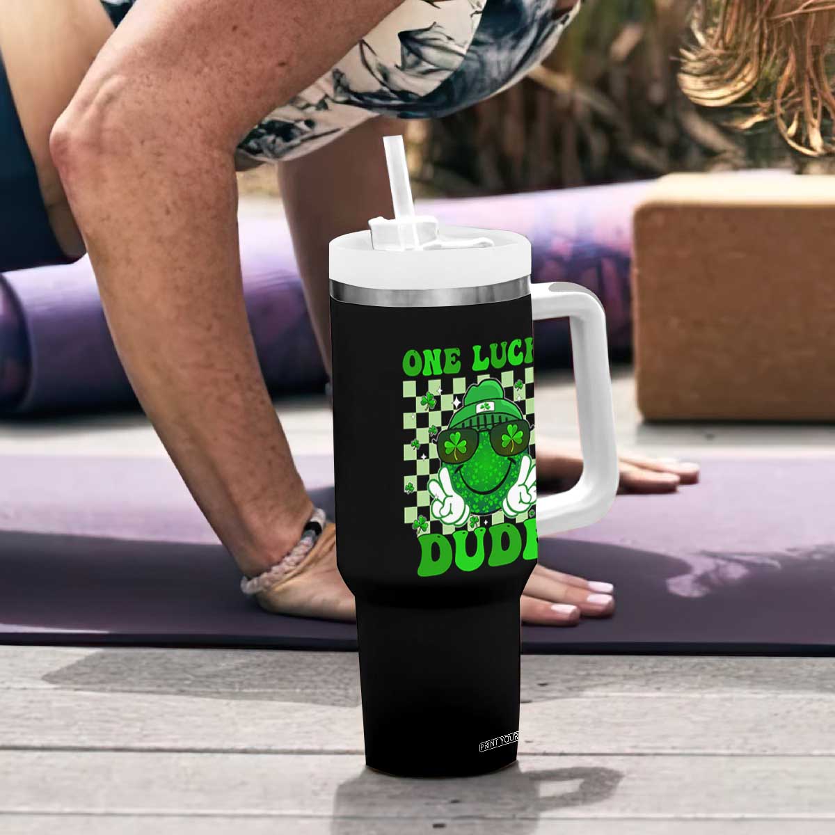 Funny One Lucky Dude St Patrick's Day Tumbler With Handle Checkerboard Shamrock TS11 Print Your Wear