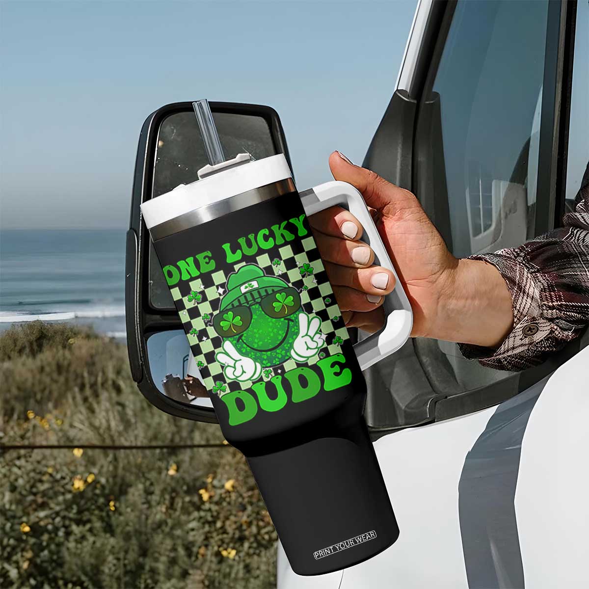 Funny One Lucky Dude St Patrick's Day Tumbler With Handle Checkerboard Shamrock TS11 Print Your Wear