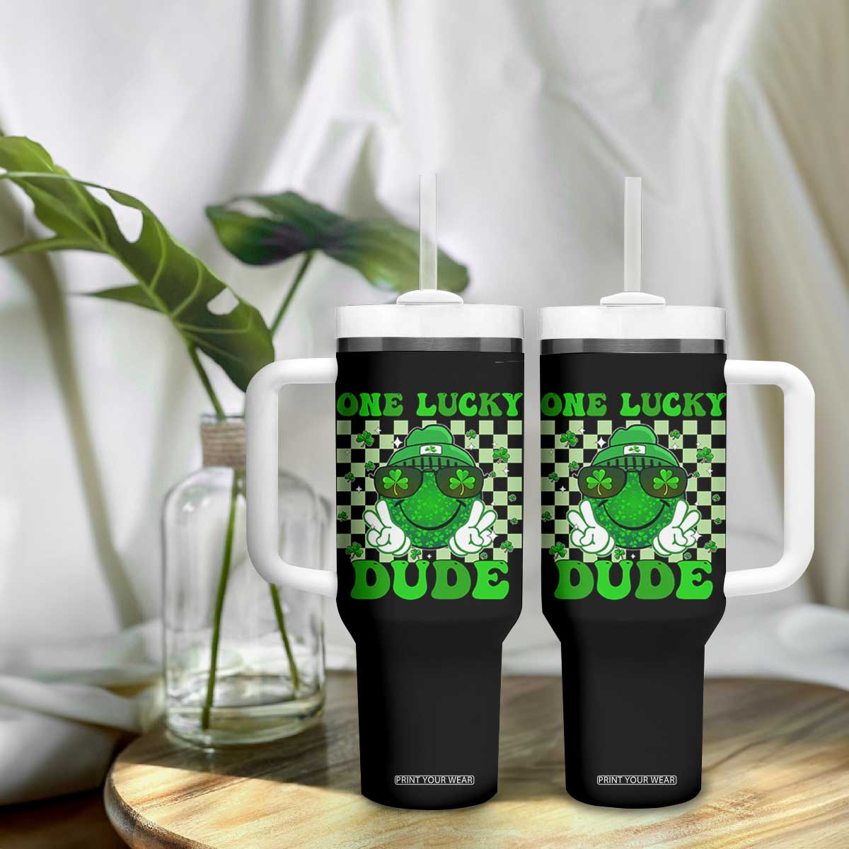 Funny One Lucky Dude St Patrick's Day Tumbler With Handle Checkerboard Shamrock TS11 Print Your Wear