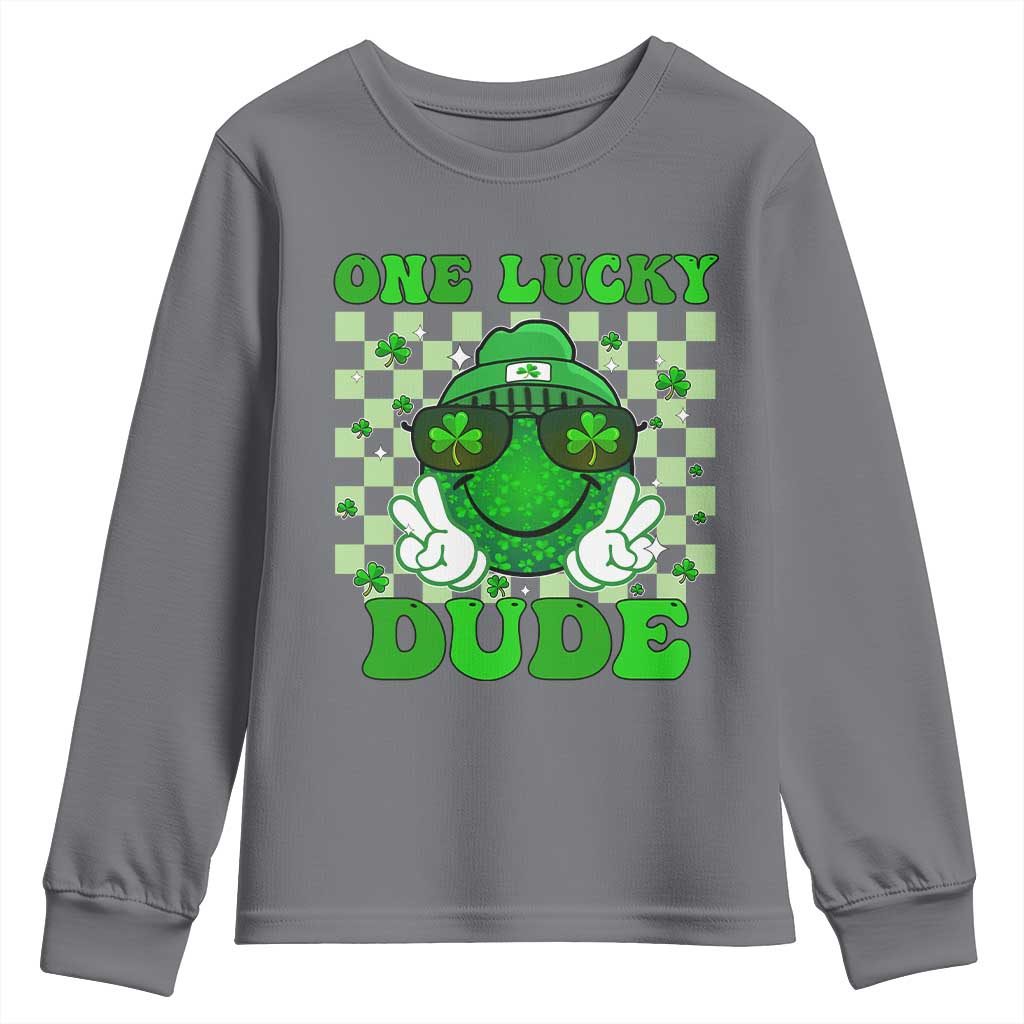 Funny One Lucky Dude St Patrick's Day Youth Sweatshirt Checkerboard Shamrock TS11 Charcoal Print Your Wear
