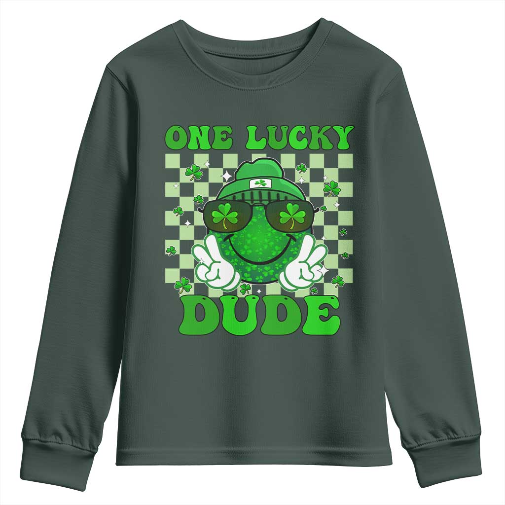 Funny One Lucky Dude St Patrick's Day Youth Sweatshirt Checkerboard Shamrock TS11 Dark Forest Green Print Your Wear