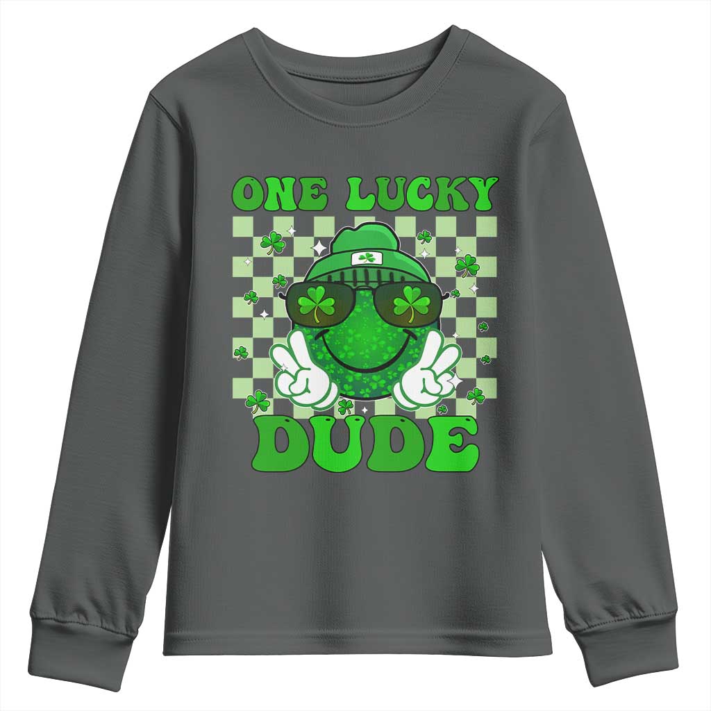 Funny One Lucky Dude St Patrick's Day Youth Sweatshirt Checkerboard Shamrock TS11 Dark Heather Print Your Wear