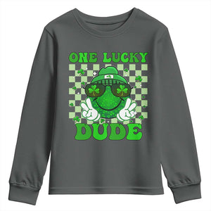 Funny One Lucky Dude St Patrick's Day Youth Sweatshirt Checkerboard Shamrock TS11 Dark Heather Print Your Wear
